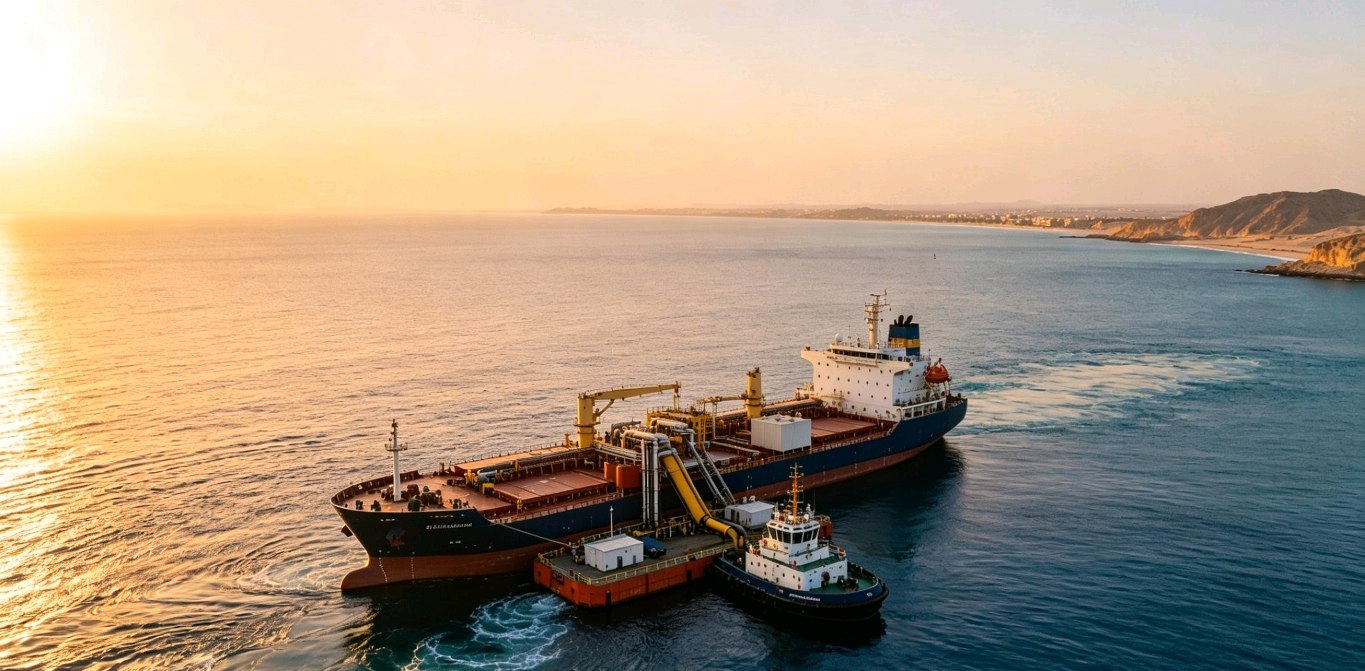 Bunker barge alongside a bulk carrier off the Omani coast at sunset
